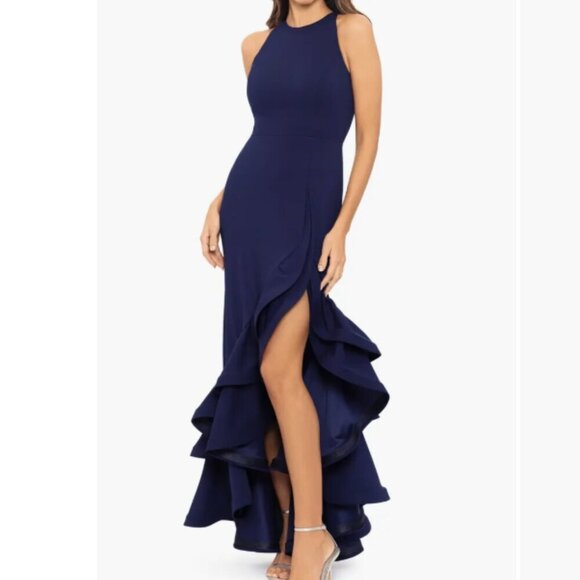 Betsy & Adam Women's Poly Stretch Ruffle Halter Crepe Gown - 10P - Picture 1 of 9